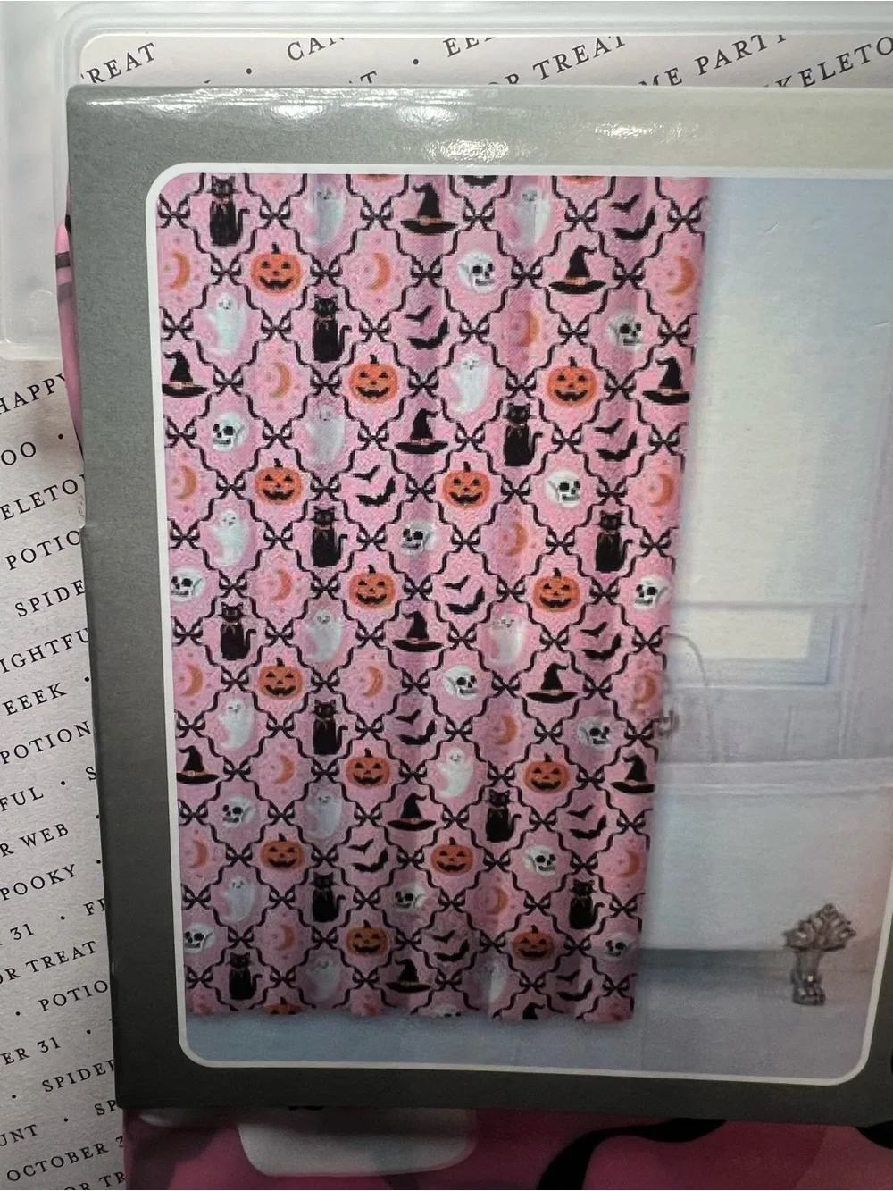 Pink Halloween Peva Shower Curtain Black Ribbon Bows Ghost Pumpkin Cat Witch Hat